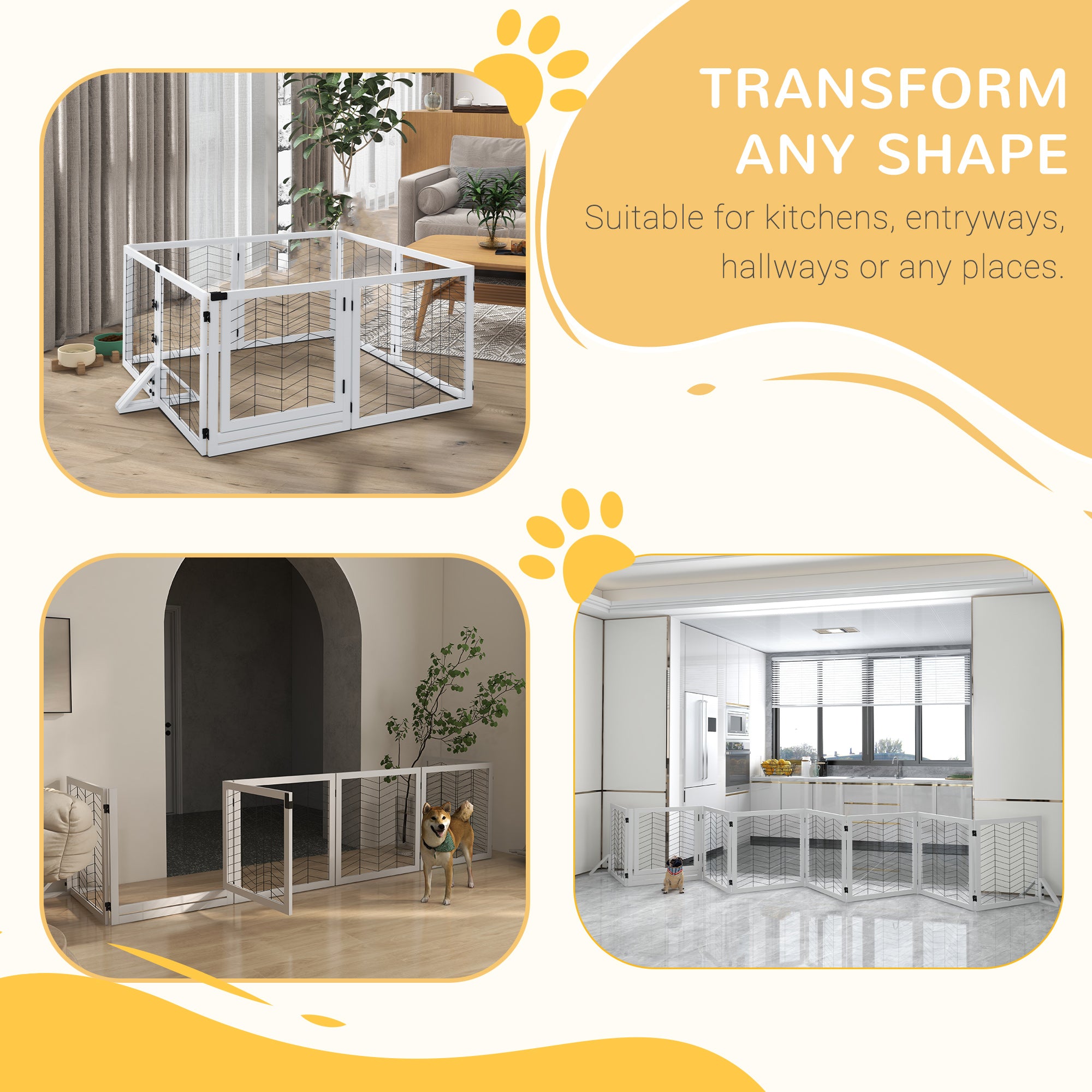 PawHut 8 Panels Foldable Pet Gate with Support Feet, for House, Doorway, Stairs, Small and Medium Dogs - White 