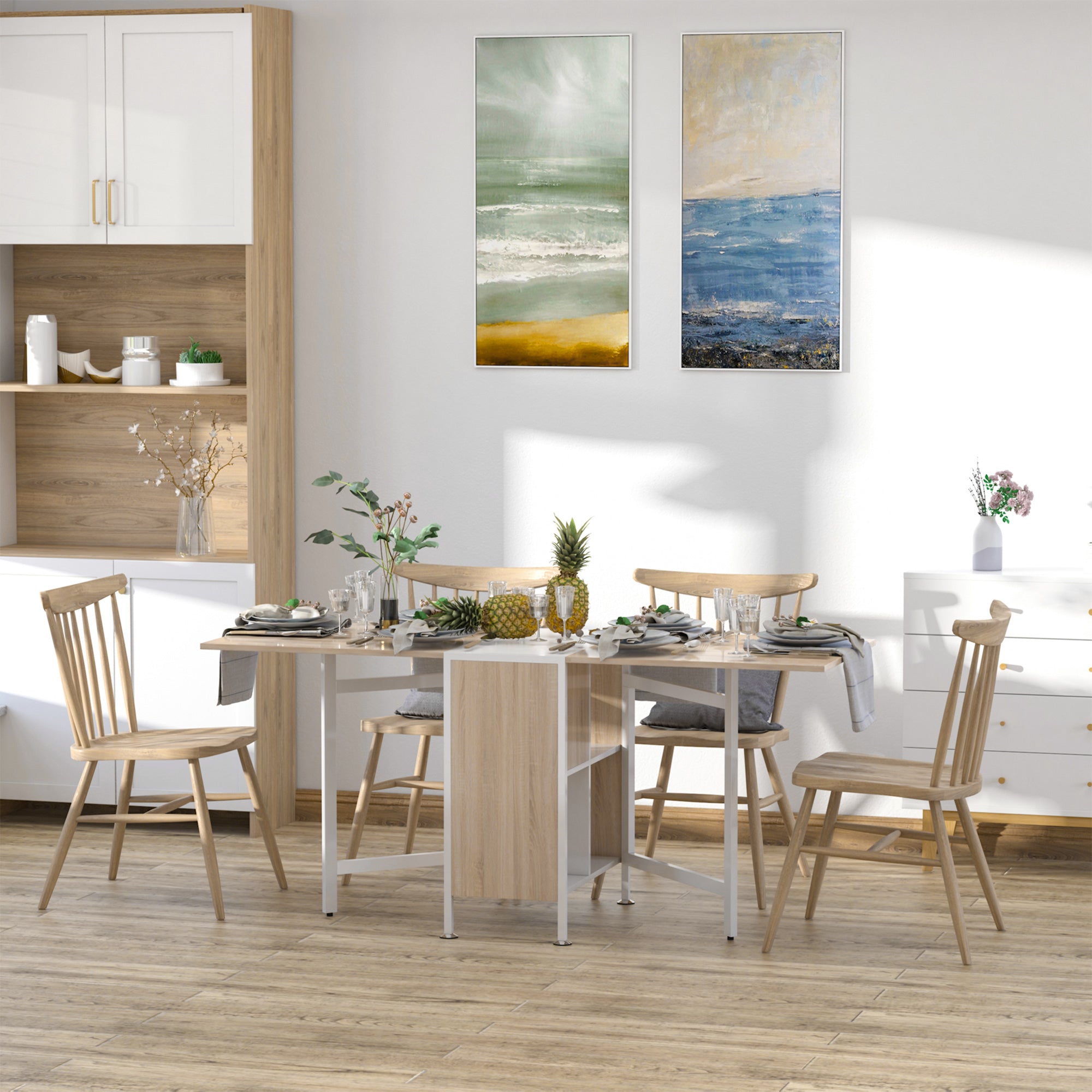 HOMCOM Foldable Drop Leaf Dining Table Folding Workstation for Small Space with Storage Shelves Cubes Oak & White 