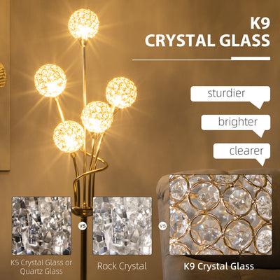 HOMCOM Crystal Floor Lamps for Living Room Bedroom with 5 Light, Modern Upright Standing Lamp, 34x25x156cm, Gold Tone 