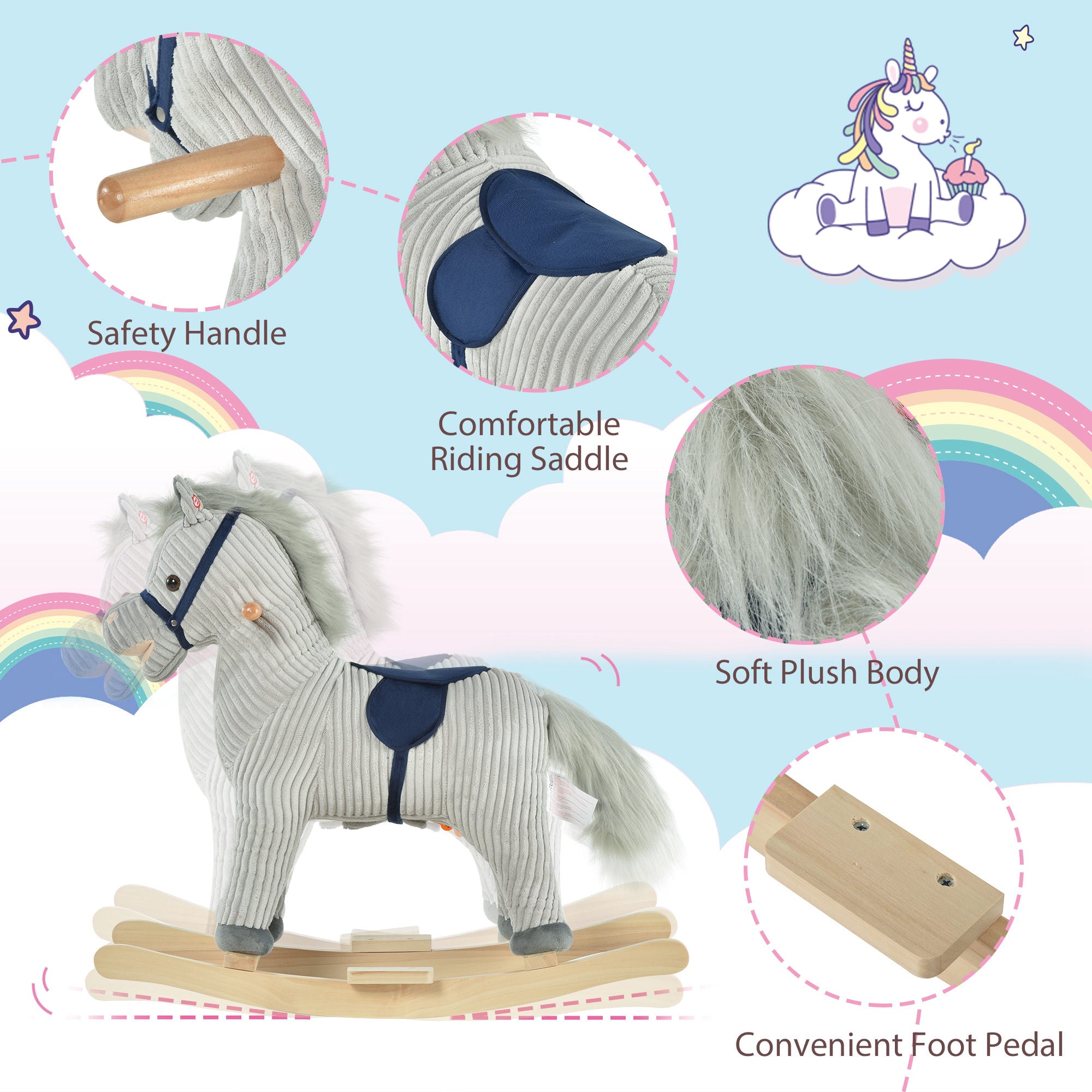 HOMCOM Kids Plush Rocking Horse w/ Sound Children Rocker Ride On Toy Gift 3-6 Years Grey 