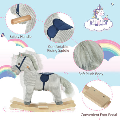 HOMCOM Kids Plush Rocking Horse w/ Sound Children Rocker Ride On Toy Gift 3-6 Years Grey 