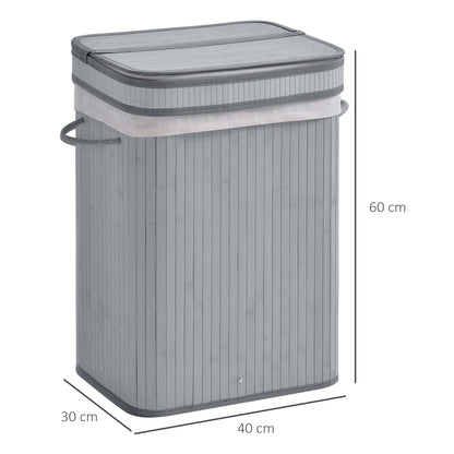 HOMCOM 70L Natural Wood Laundry Basket A Compartment w/Flip Lid Removable Lining Handles Board Base Foldable Durable Water-Resistant Dirty Clothes Storage Home Organisation Grey 