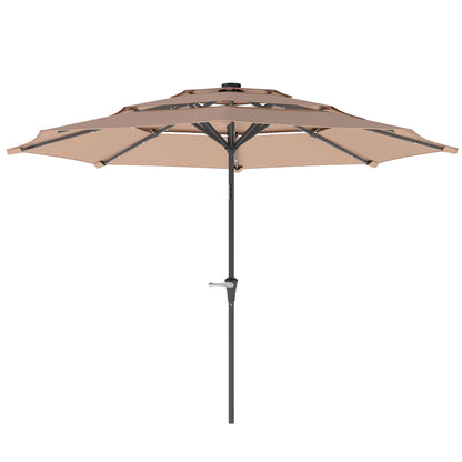 Outsunny 3-Tier Garden Parasol with Solar LED Lights, UPF 30+, Tilt Mechanism & Crank Handle, for Market Terrace, Khaki 