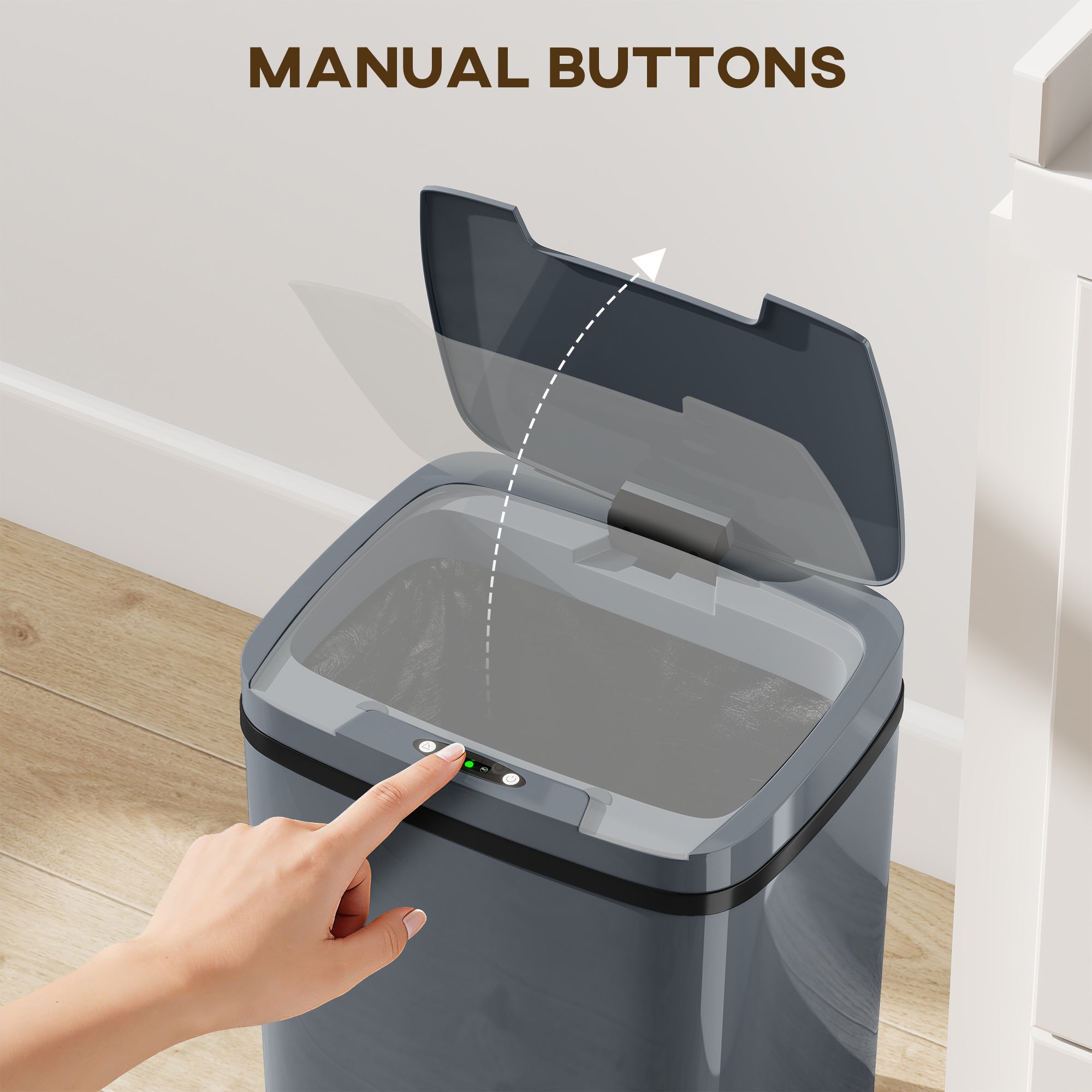 HOMCOM 15L Sensor Bin, Automatic Touchless Kitchen Bin, Easy Clean, Battery Operated for Home Office, Bedroom, Bathroom, Grey 