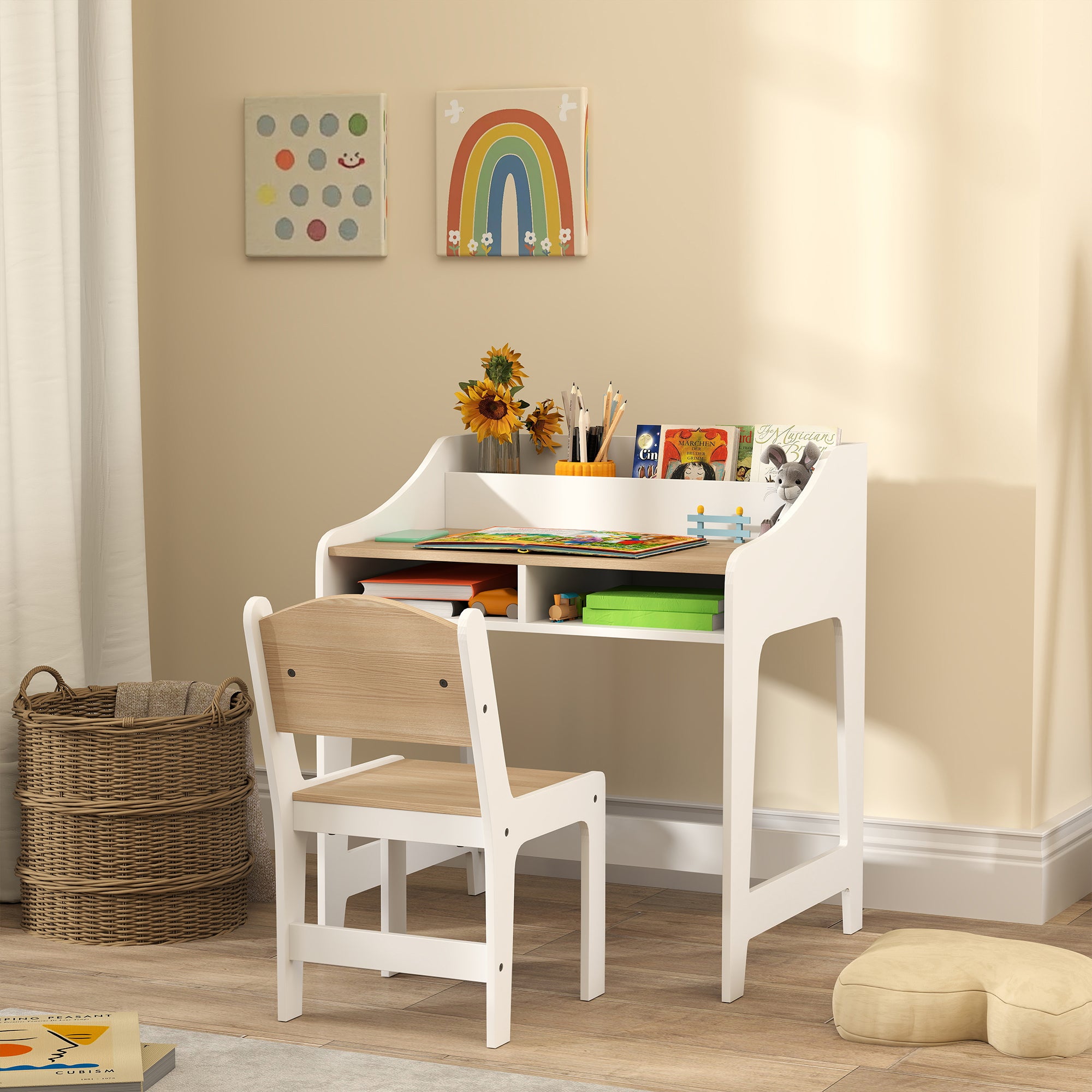 AIYAPLAY Kids Desk and Chair Set, Children Study Table with Storage and Shelves for Study Room, Gift for 3-8 Years, Natural 