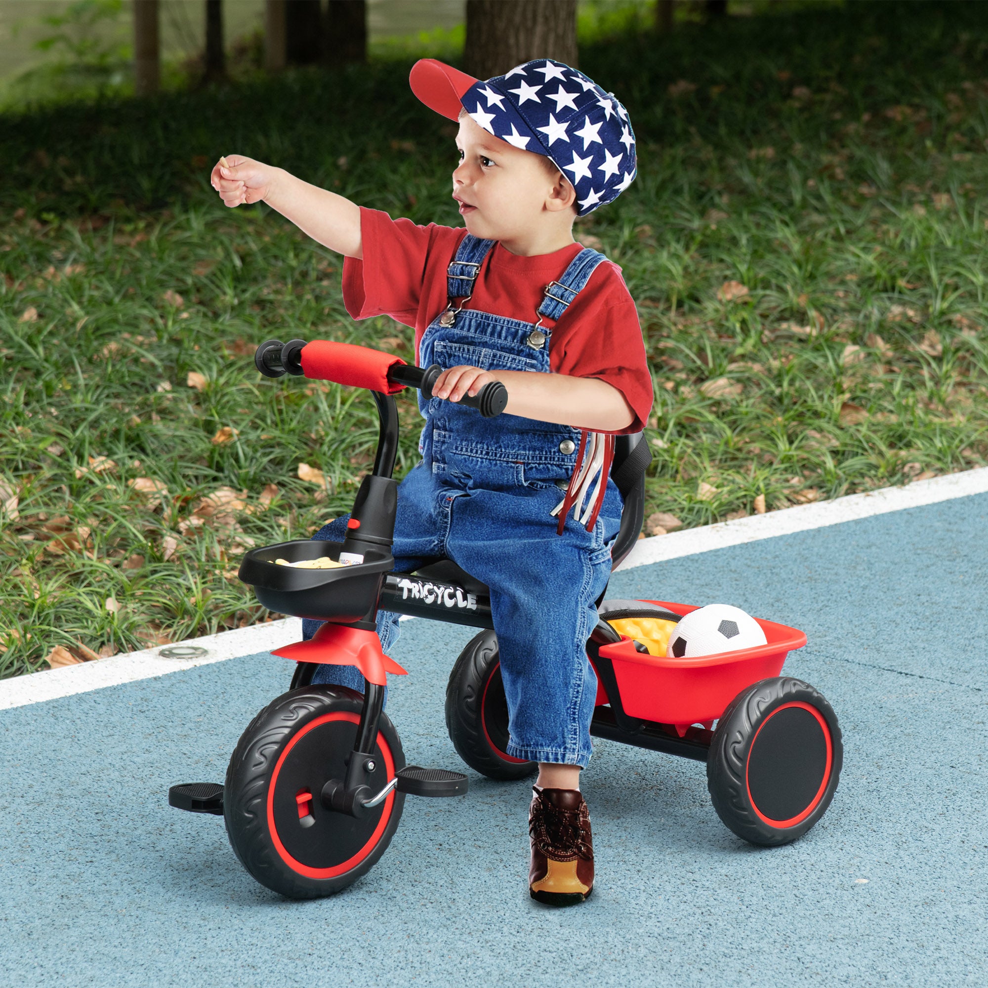 AIYAPLAY Kids Trike for 2-5 Years with Adjustable Seat, Pedal, Baskets, Red 