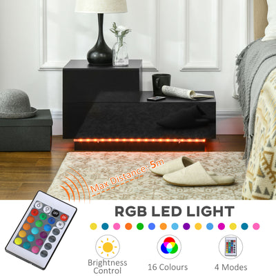 HOMCOM High Gloss Front Bedside Table with Drawers Nightstand with RGB LED Light and Remote for Bedroom Living Room Black 