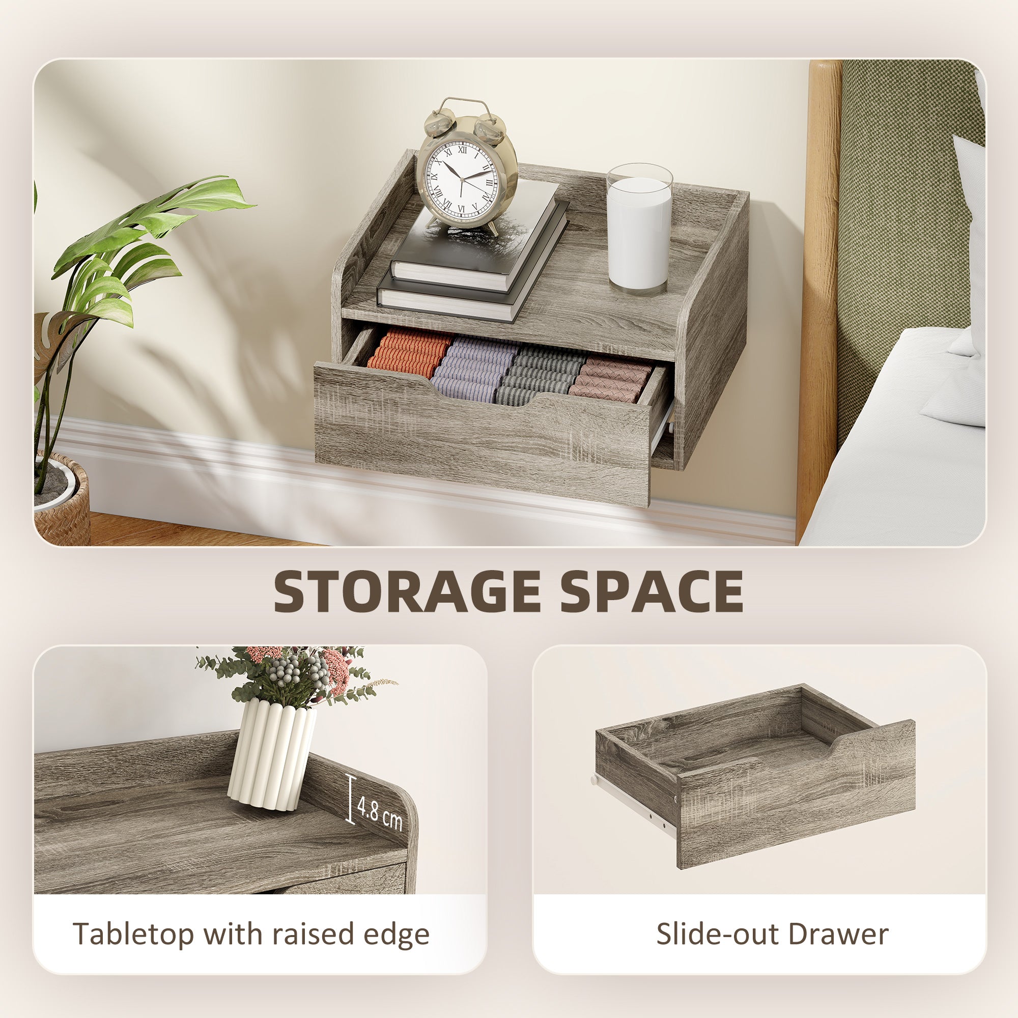 HOMCOM Floating Nightstands Set of 2, Wall Mounted Bedside Table with Drawer for Bedroom, Grey Wood Effect 
