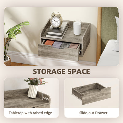 HOMCOM Floating Nightstands Set of 2, Wall Mounted Bedside Table with Drawer for Bedroom, Grey Wood Effect 
