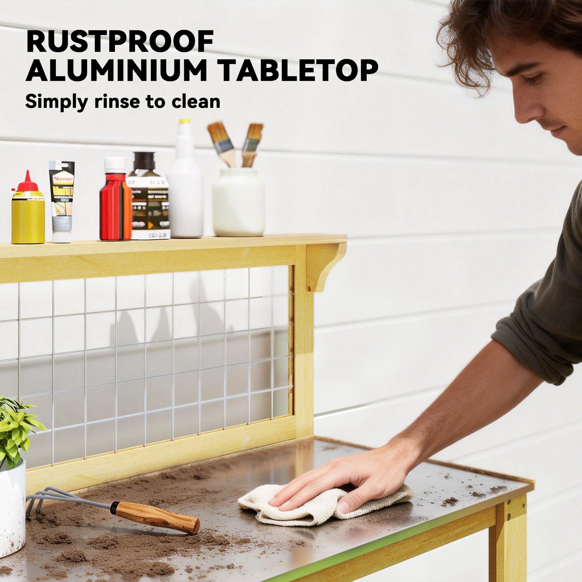 Outsunny Wooden Potting Bench Table with Aluminium Worktop, Outdoor Garden Workbench with 2 Shelves 
