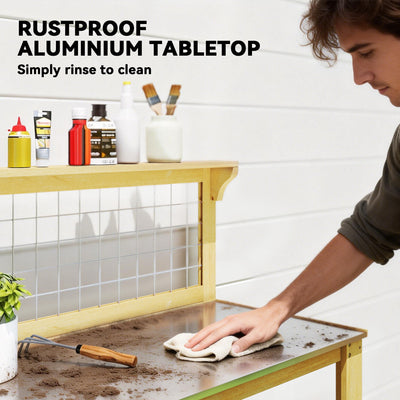 Outsunny Wooden Potting Bench Table with Aluminium Worktop, Outdoor Garden Workbench with 2 Shelves 