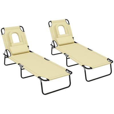Outsunny Outdoor Foldable Sun Lounger Set of 2, 4 Level Adjustable Backrest Reclining Sun Lounger Chair with Pillow and Reading Hole, Beige 