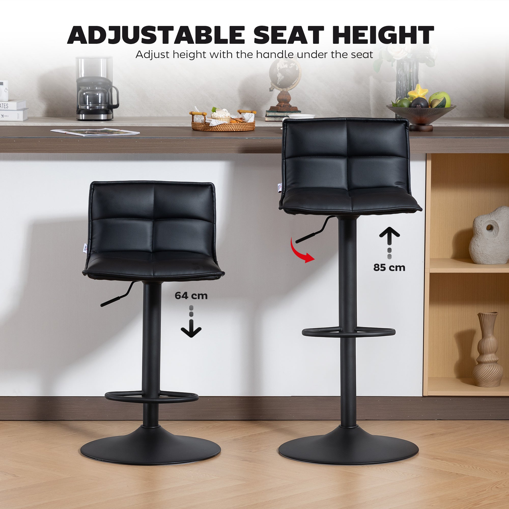 HOMCOM Set of Two Modern Faux Leather Bar Stools - Black 