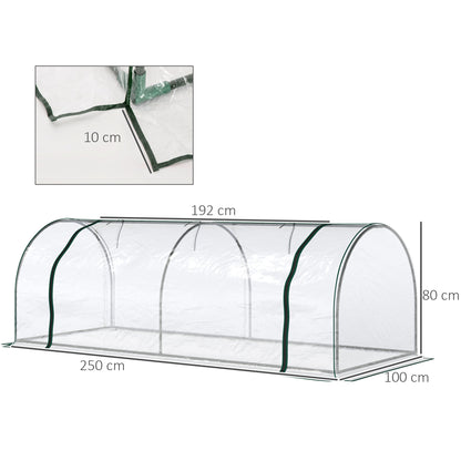 Outsunny Mini Greenhouse, Small Polytunnel Green House with Zipped Doors, Steel Frame for Garden Patio, 250 x 100 x 80cm, Clear 