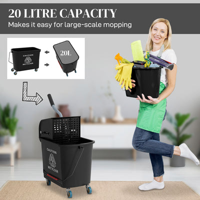 HOMCOM 20L Mop Bucket on Wheels, with Water Separation Panel - Black 