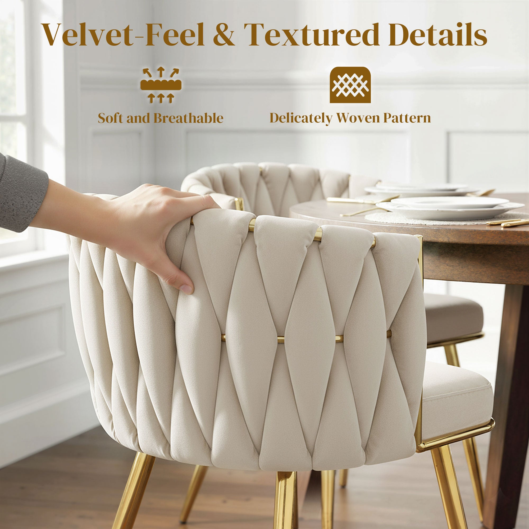 HOMCOM Velvet-Feel Dining Chairs Set of 2, Modern Upholstered Armchair with Knot Design and Golden Metal Legs, Accent Chair for Dining Room, Bedroom, Kitchen, Living Room, Cream 