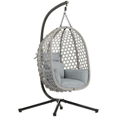 Outsunny Hanging Egg Chair, Indoor Outdoor Rattan Hammock Swing Chair with Stand, Safety Strap, Foldable Basket, Light Grey 