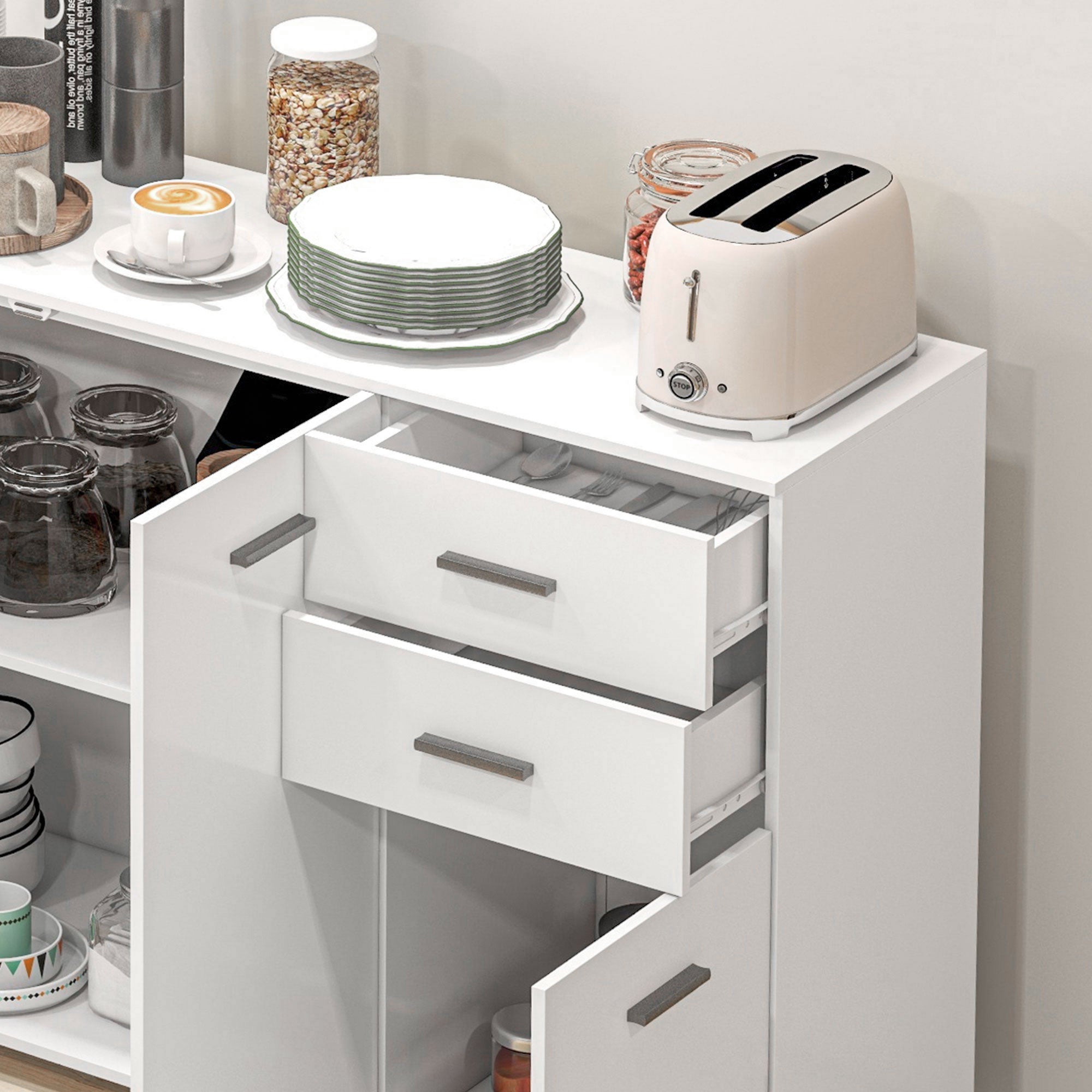 HOMCOM Sideboard, Modern Storage Cabinet with 2 Drawers, 3 Doors and Adjustable Shelves, Kitchen Cabinet for Living Room, Dining Room, High Gloss White 