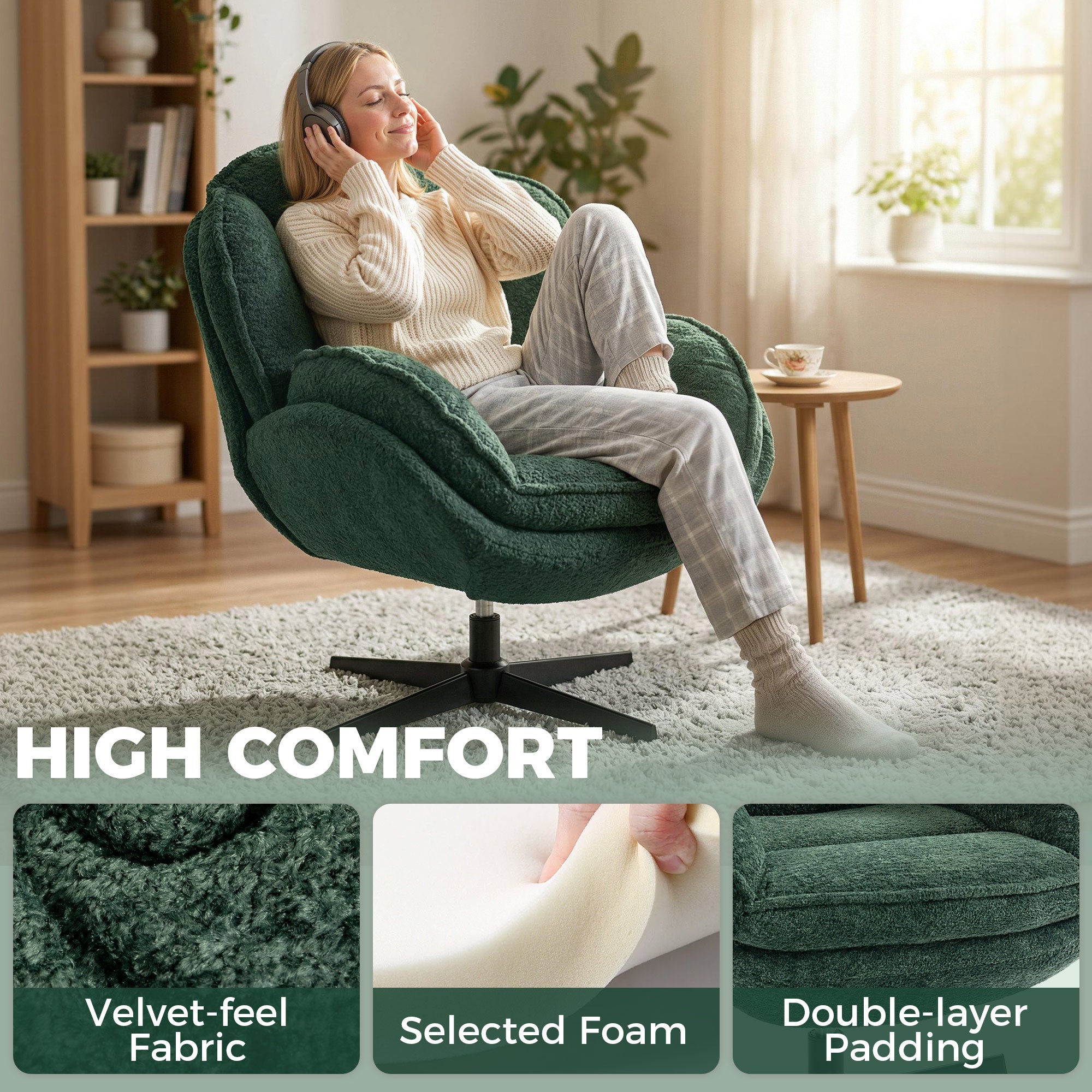 HOMCOM Modern Wingback Accent Chair, Velvet Armchair with Four-Star Base, S-Springs, Swivel, Dark Green 