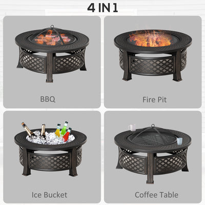 Outsunny Outdoor Fire Pit, Firepit with Grill Net, Mesh Lid, Poker, for Camping, Bonfire, Picnic, Bronze Tone 