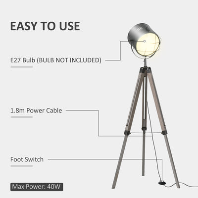 HOMCOM Floor Lamp with Adjustable Tripod for Living Room Bedroom, Vintage Spotlight Reading Lamp with Wood Legs, 115-155cm, Grey 