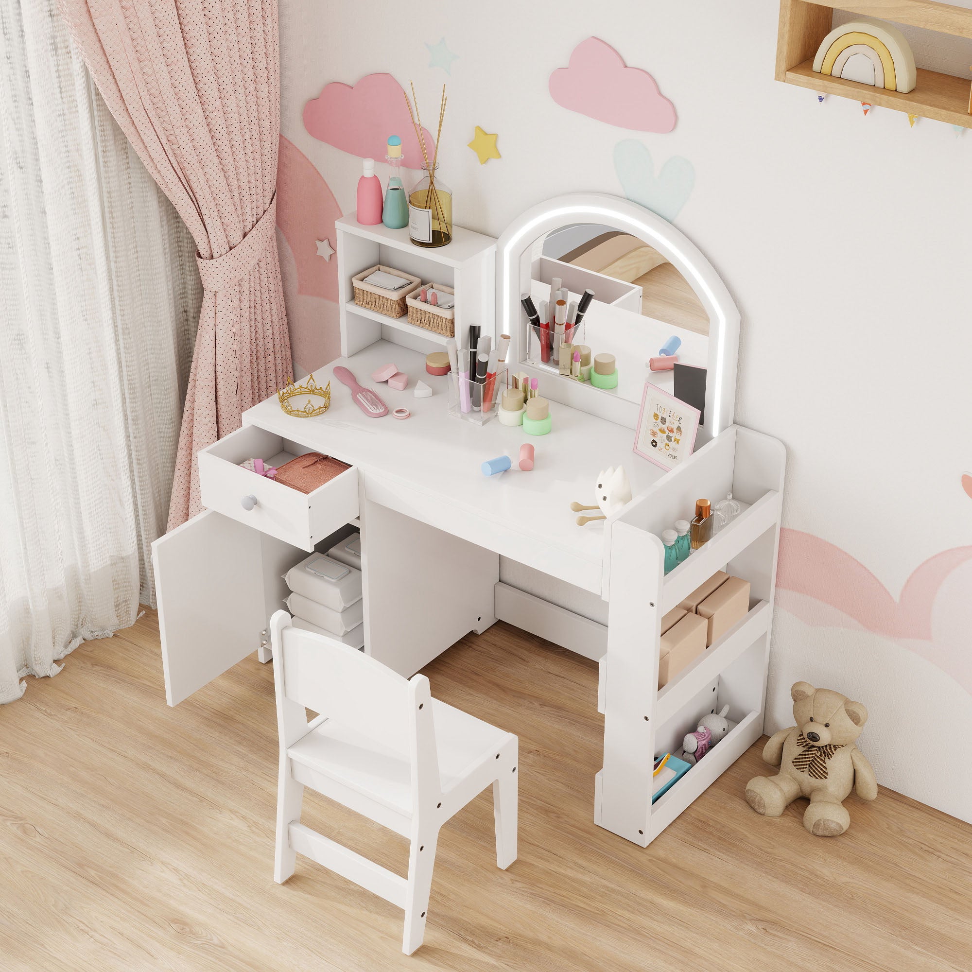 AIYAPLAY Kids Vanity Table and Chair Set, Girls Dressing Table with 2-Colour LED Mirror, Stool, Cabinet, Drawer, Shelves, White 