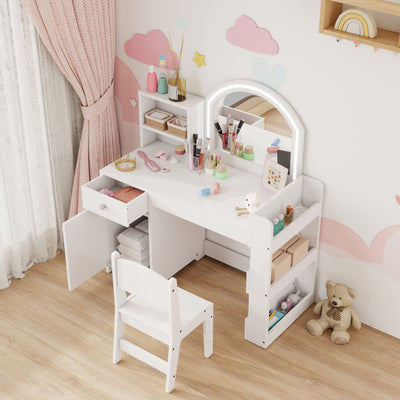 AIYAPLAY Kids Vanity Table and Chair Set, Girls Dressing Table with 2-Colour LED Mirror, Stool, Cabinet, Drawer, Shelves, White 