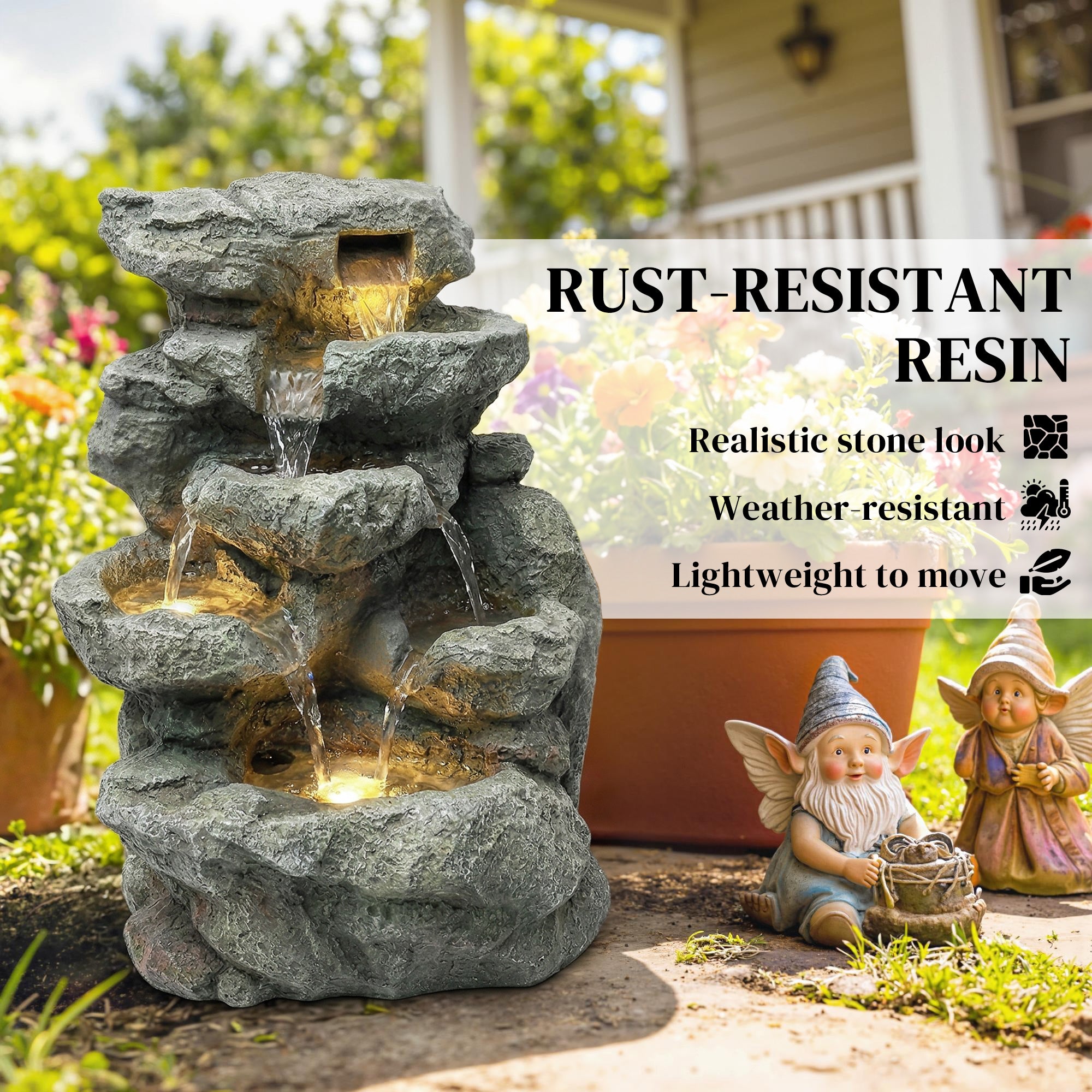 Outsunny Outdoor Fountain with 6-Tier Rock Design, Waterfall Feature with LED Lights, Resin Freestanding Garden Fountain, Grey 