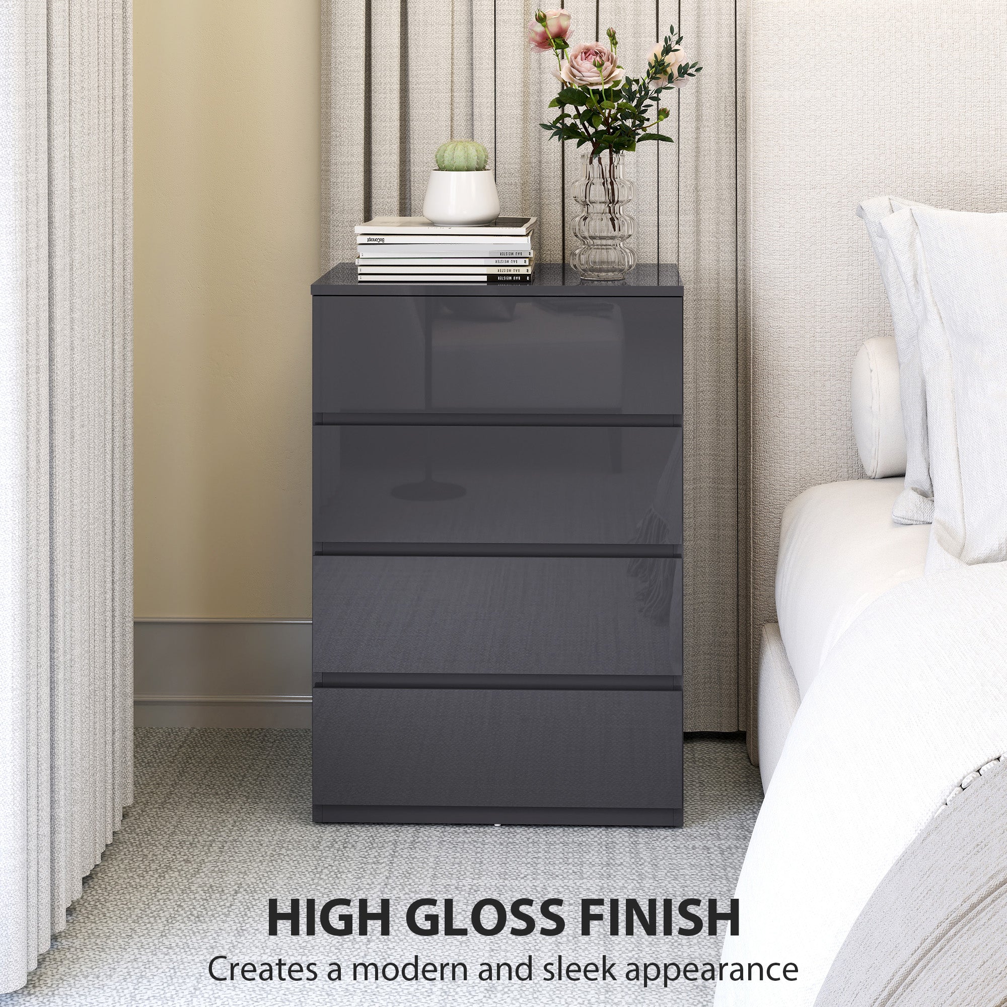 HOMCOM High Gloss Chest of Drawers, 4-Drawer Storage Cabinets, Modern Dresser for Bedroom, Grey 