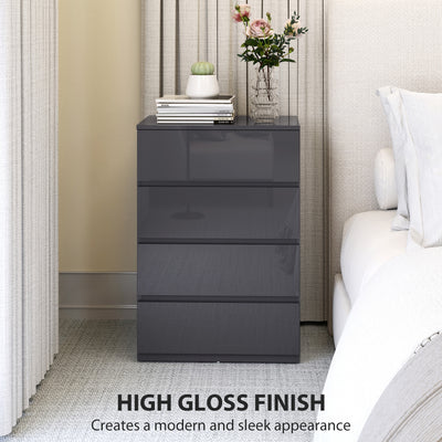 HOMCOM High Gloss Chest of Drawers, 4-Drawer Storage Cabinets, Modern Dresser for Bedroom, Grey 
