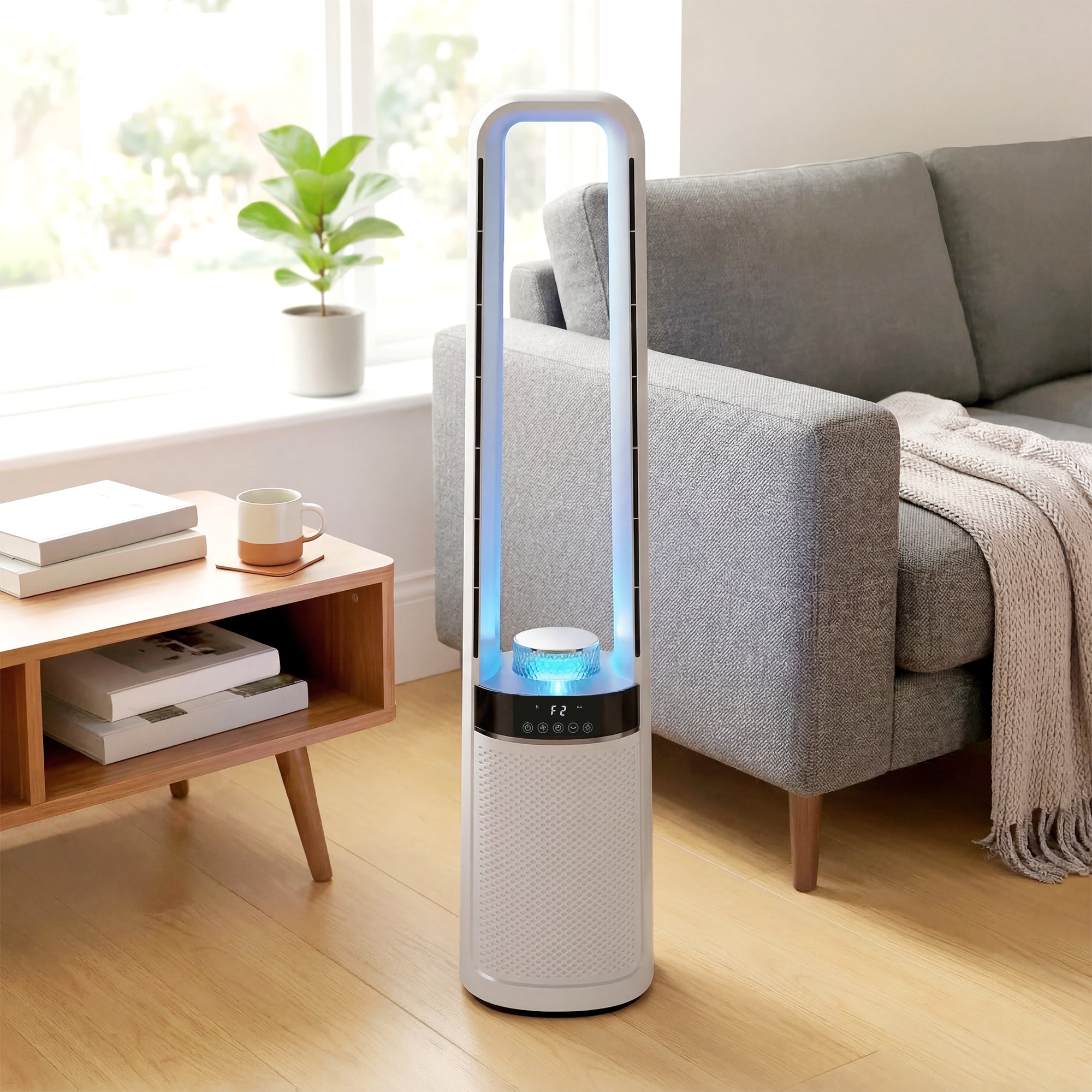HOMCOM Bladeless Tower Fan, 36dB Standing Cooling Fan with Oscillating, LED Lights, 3 Speeds, 12H Timer, Remote Control 