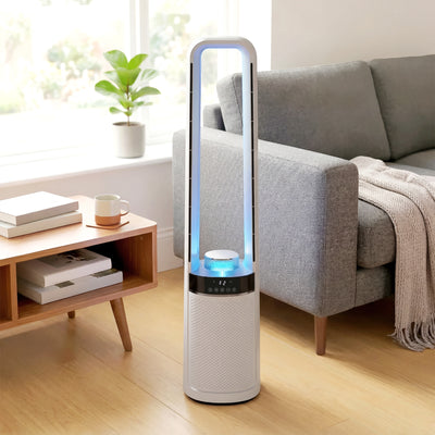 HOMCOM Bladeless Tower Fan, 36dB Standing Cooling Fan with Oscillating, LED Lights, 3 Speeds, 12H Timer, Remote Control 
