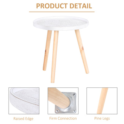 HOMCOM Coffee Table, Carved Floral Round Table with Tray-style Top and Wood Legs, Modern Side Table for Living Room, Set of 2, White 