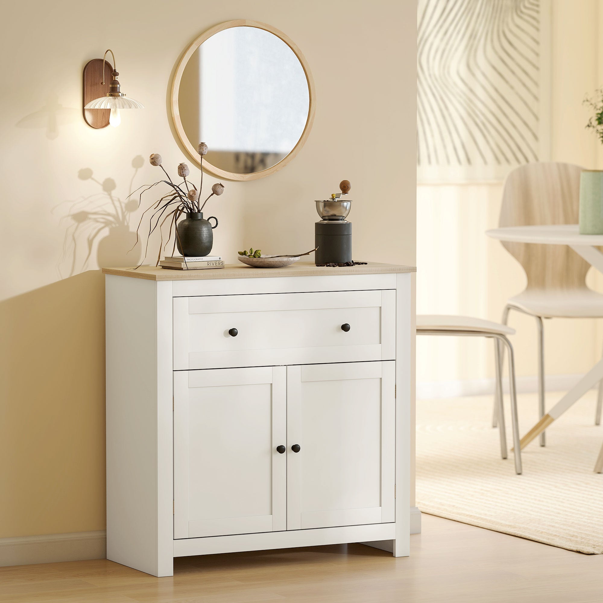 HOMCOM Sideboard Storage Cabinet, Modern Kitchen Cupboard with Adjustable Shelf, Drawer and Double Doors, Cream White 