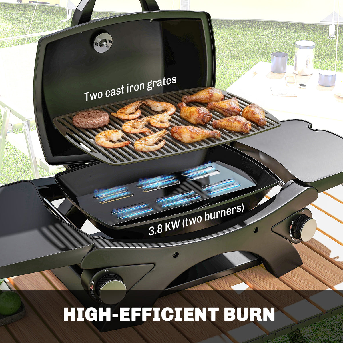 Outsunny 2 Burner Gas Grill with 2 Detachable Side Tables, 3.8 KW Steel Barbecue Grill with Cast Iron Grates, Lid, Thermometer 