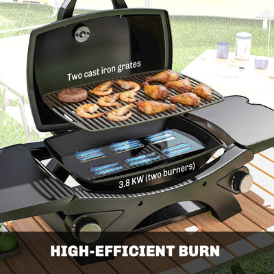 Outsunny 2 Burner Gas Grill with 2 Detachable Side Tables, 3.8 KW Steel Barbecue Grill with Cast Iron Grates, Lid, Thermometer 