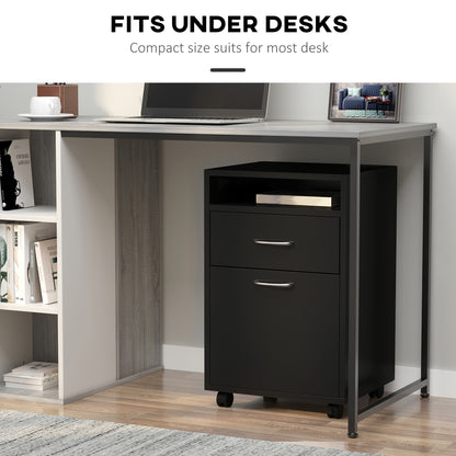 HOMCOM 60cm Filing Cabinet with Drawer, Open Shelf, Metal Handles and 4 Wheels, Office Home Organiser Mobile Printer, Black 