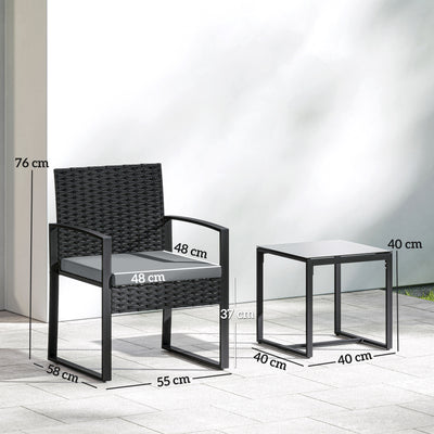 Outsunny Rattan Bistro Set, 3 Piece Garden Furniture Set with Glass Top Table and Cushions, Light Grey 