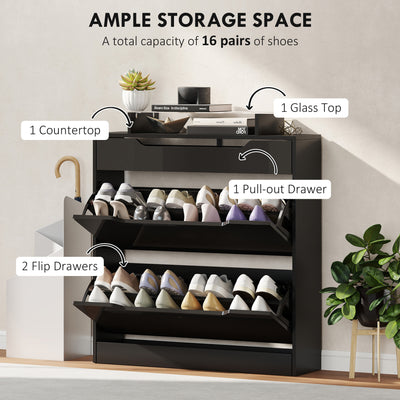 HOMCOM Shoe Storage Cabinet with Slide Out Drawer, 2 Flip Doors, Tempered Glass Top - Black 