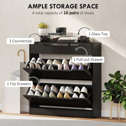 HOMCOM Shoe Storage Cabinet with Slide Out Drawer, 2 Flip Doors, Tempered Glass Top - Black