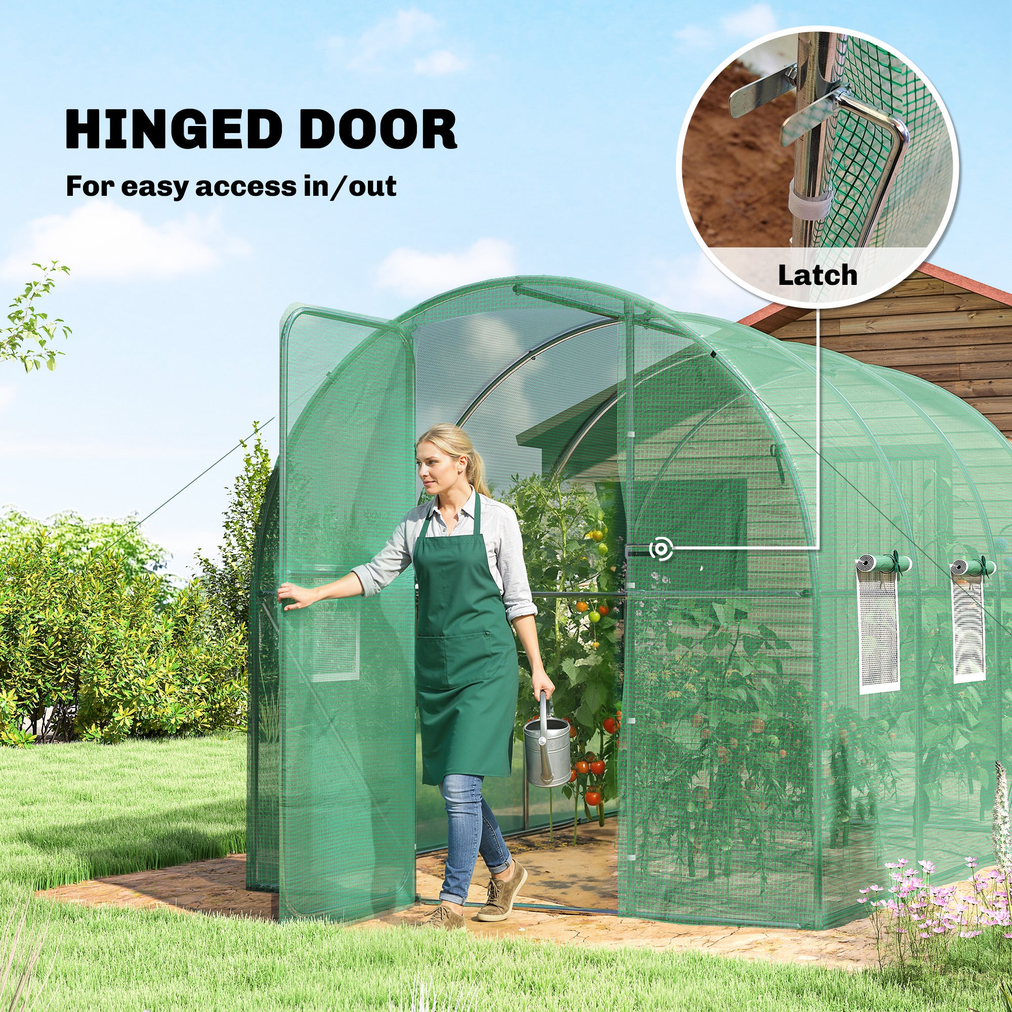 Outsunny 2 x 3 m Walk-in Polytunnel Greenhouse with Hinged Door and 6 Roll Up Mesh Windows, Garden Tunnel Warm House Tent, Green 