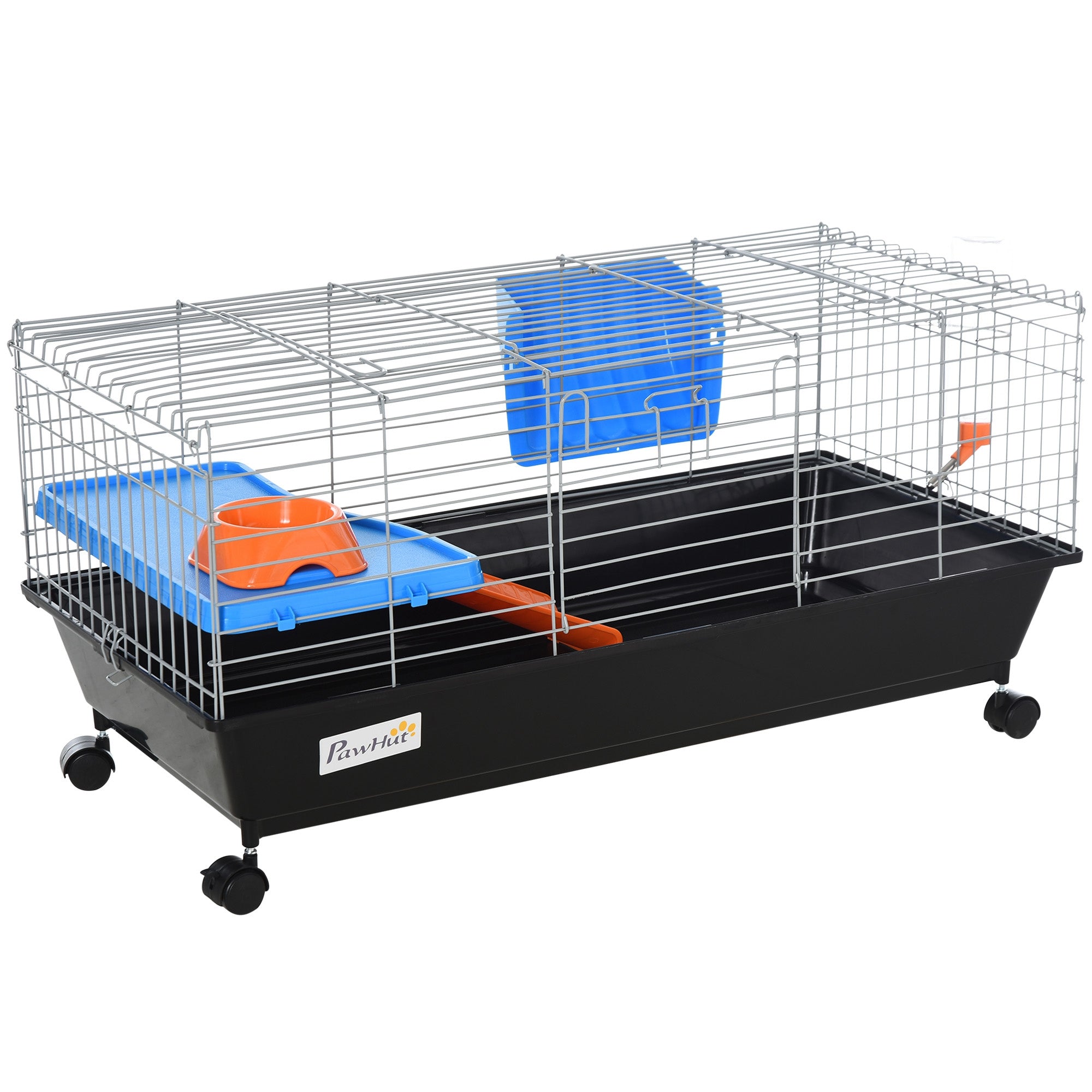 PawHut Small Animal Cage Rabbit Guinea Pigs Chinchillas Cage w/ Wheels Water Bottle Food Dish Platform Ramp 89 x 44 x 43 cm Black 