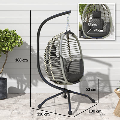 Outsunny Outdoor Swing Chair with Thick Padded Cushion, Patio Hanging Chair with Metal Stand, Foldable Basket, Cup Holder, Rope Structure, for Indoor & Outdoor, Dark Grey 