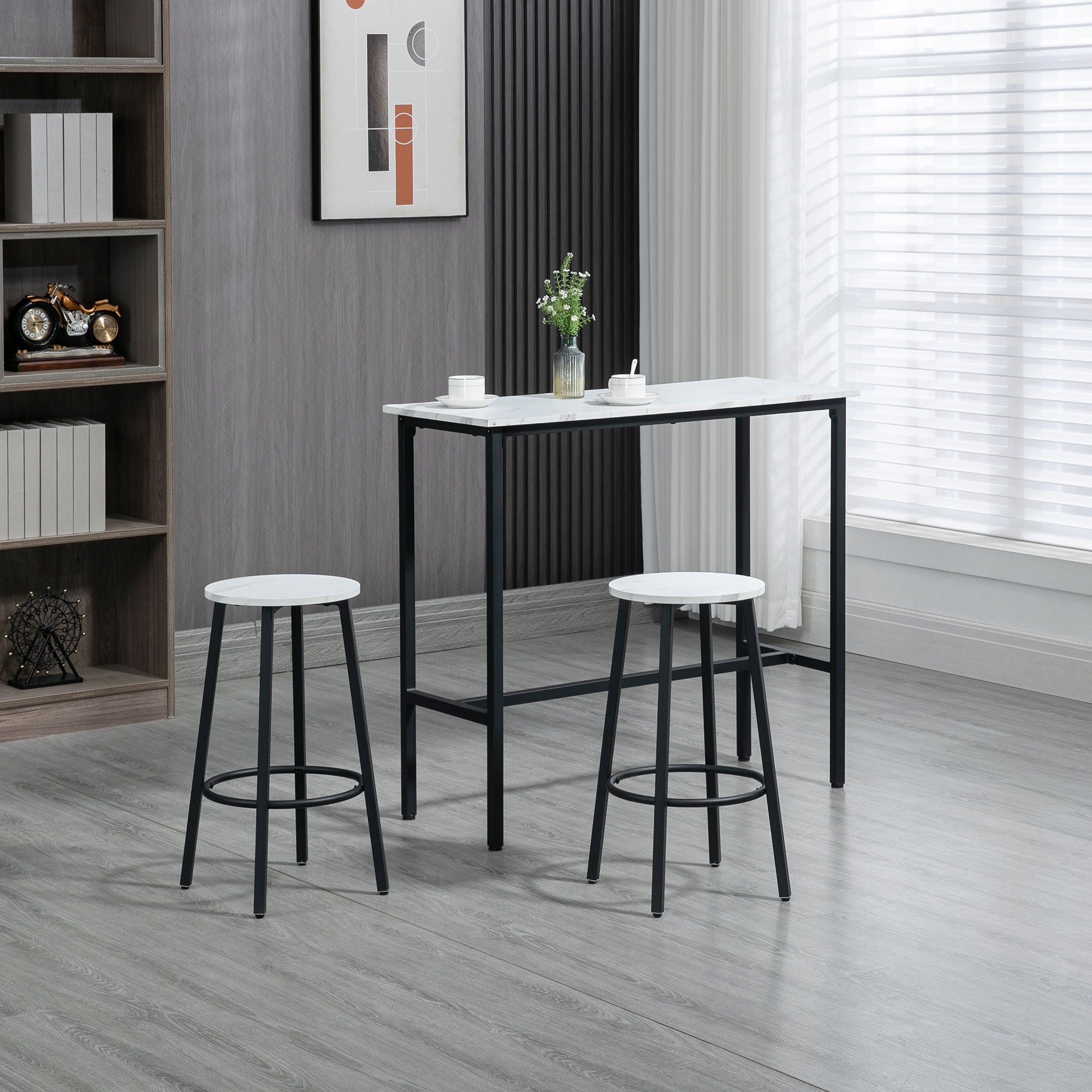 HOMCOM Three-Piece Marble-Effect Bar Table Set - White/Black 