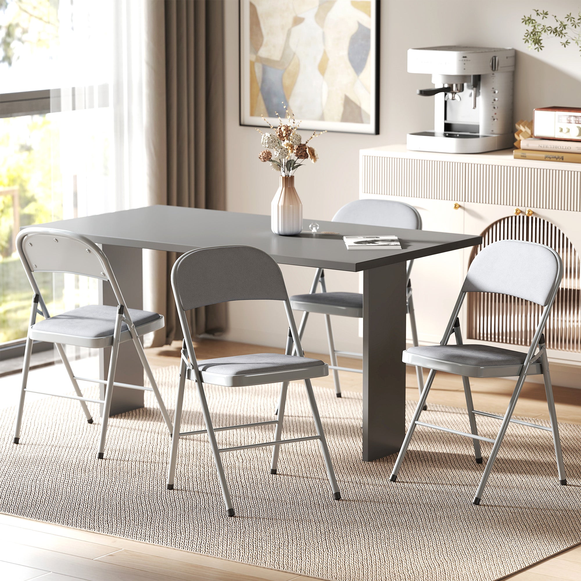 HOMCOM 4 Pack Folding Chairs with Padded Seats, Velvet Portable Party Chairs with Steel Frame, Light Grey 