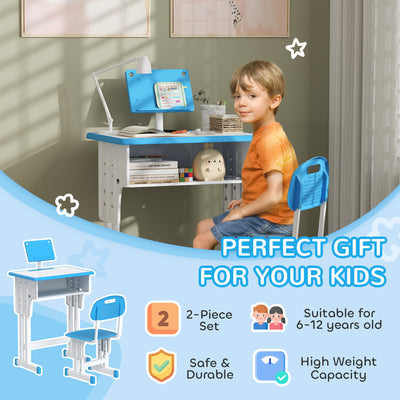 HOMCOM Kids Adjustable Desk and Chair Set, Book Stand, Pen Slot - Blue 