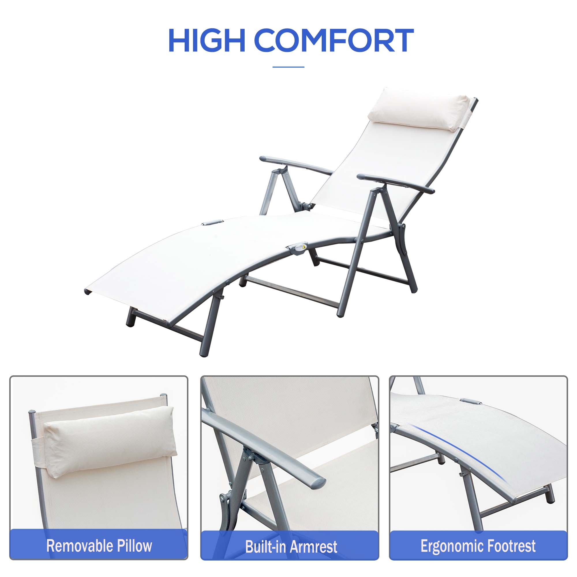 Outsunny Sun Lounger Steel Frame Outdoor Folding Chaise Texteline Lounge Chair Recliner with Headrest & 7 Levels Adjustable Backrest, Cream White 
