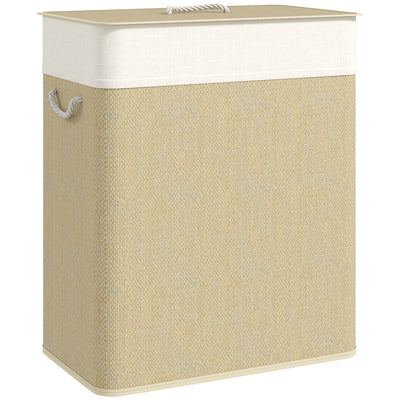 HOMCOM Double Laundry Basket with Lid, 100L Bamboo Laundry Hamper with Rope Handles, Washing Basket with Removable Liner for Bathroom, Bedroom, Cream White 