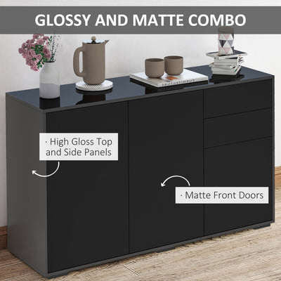 HOMCOM High Gloss Side Cabinet, Push-Open Design with 2 Drawers and 2 Cabinets for Living Room, 74H x 117W x 36Dcm, Black 