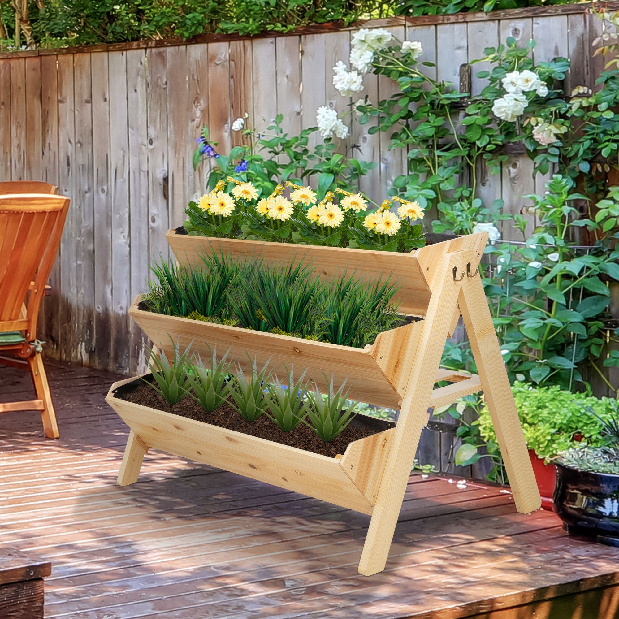 Outsunny 3 Tier Raised Beds for Garden, Wooden Planter Boxes with Clapboard and Hooks, 142L, 120 x 68 x 80cm 